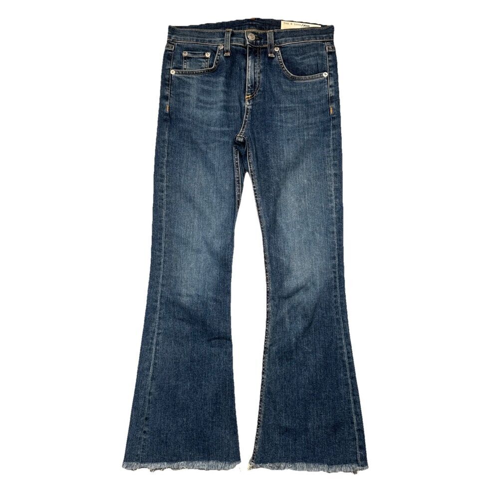 Rag & Bone Flare Jeans 25 (27x25) Blue Crop Fray Mid Rise Stretch Denim Womens